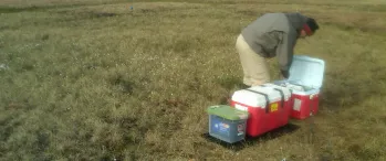a man standing over a pair of red coolers in a field