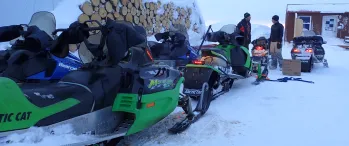 a group of snowmobiles parked next to a pile of logs